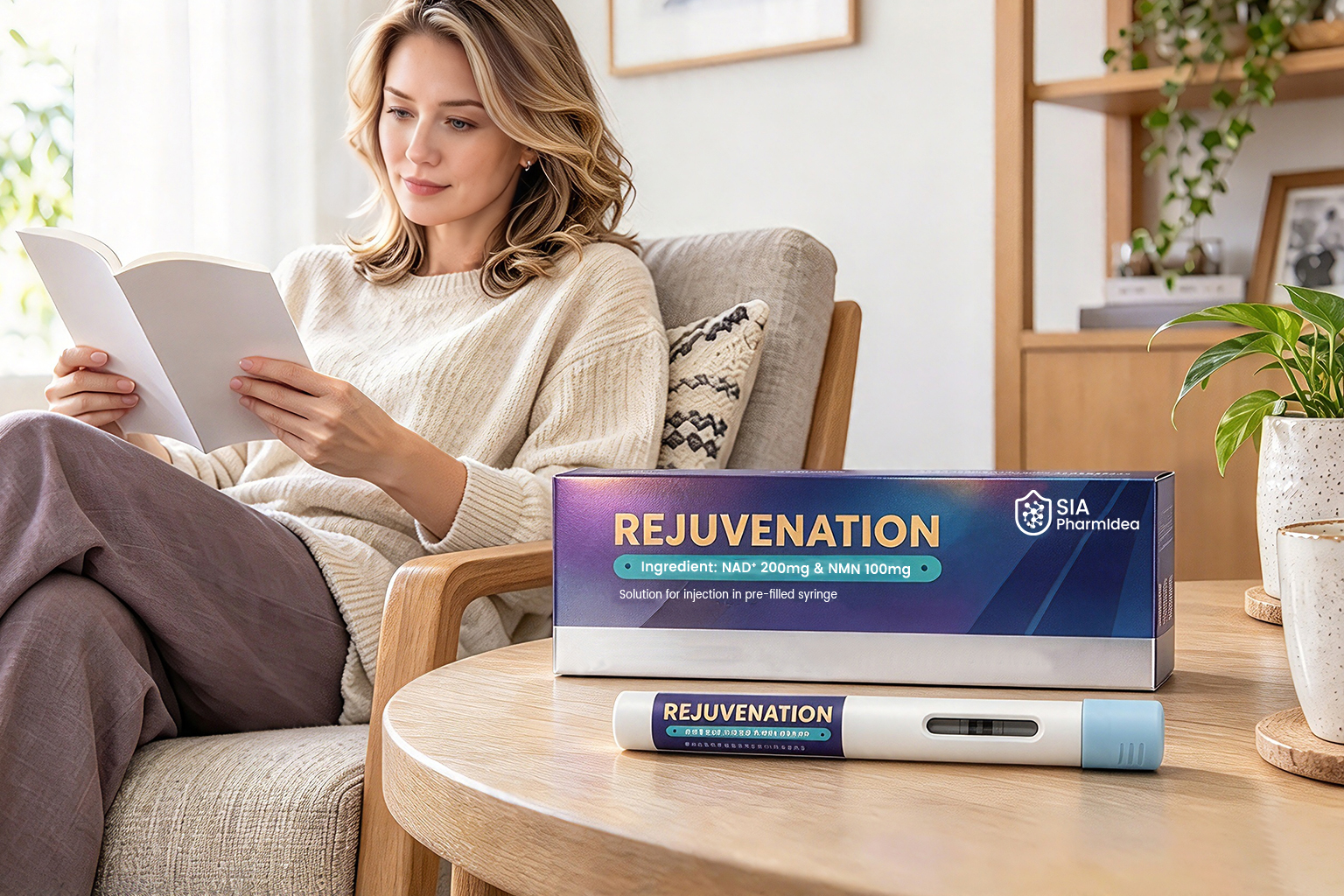 Daytime reading at home with the REJUVENATION package and pen nearby