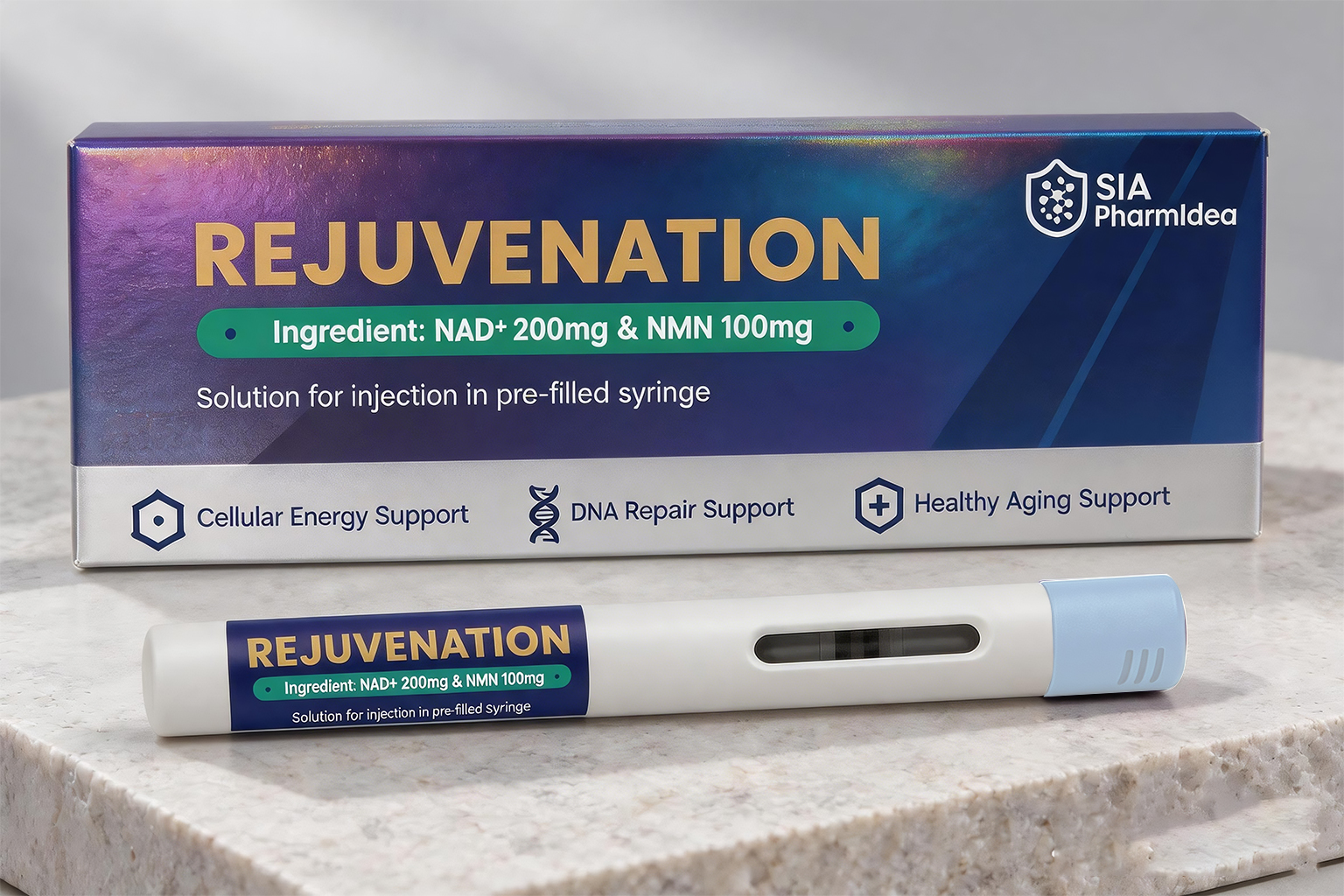 Angled product rendering of the REJUVENATION 200mg holographic package and white pen