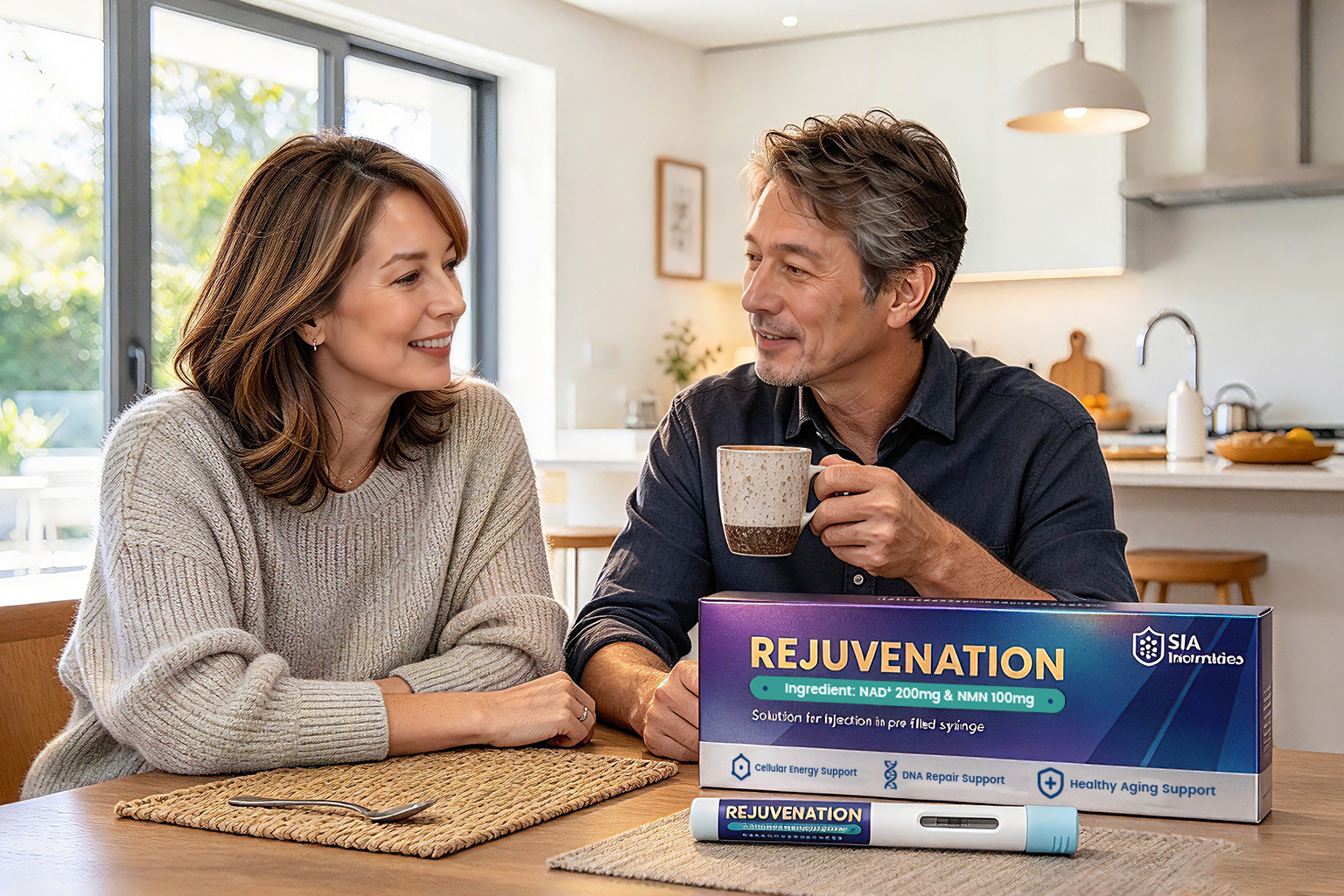 Two adults reviewing information together at home, with REJUVENATION on the table