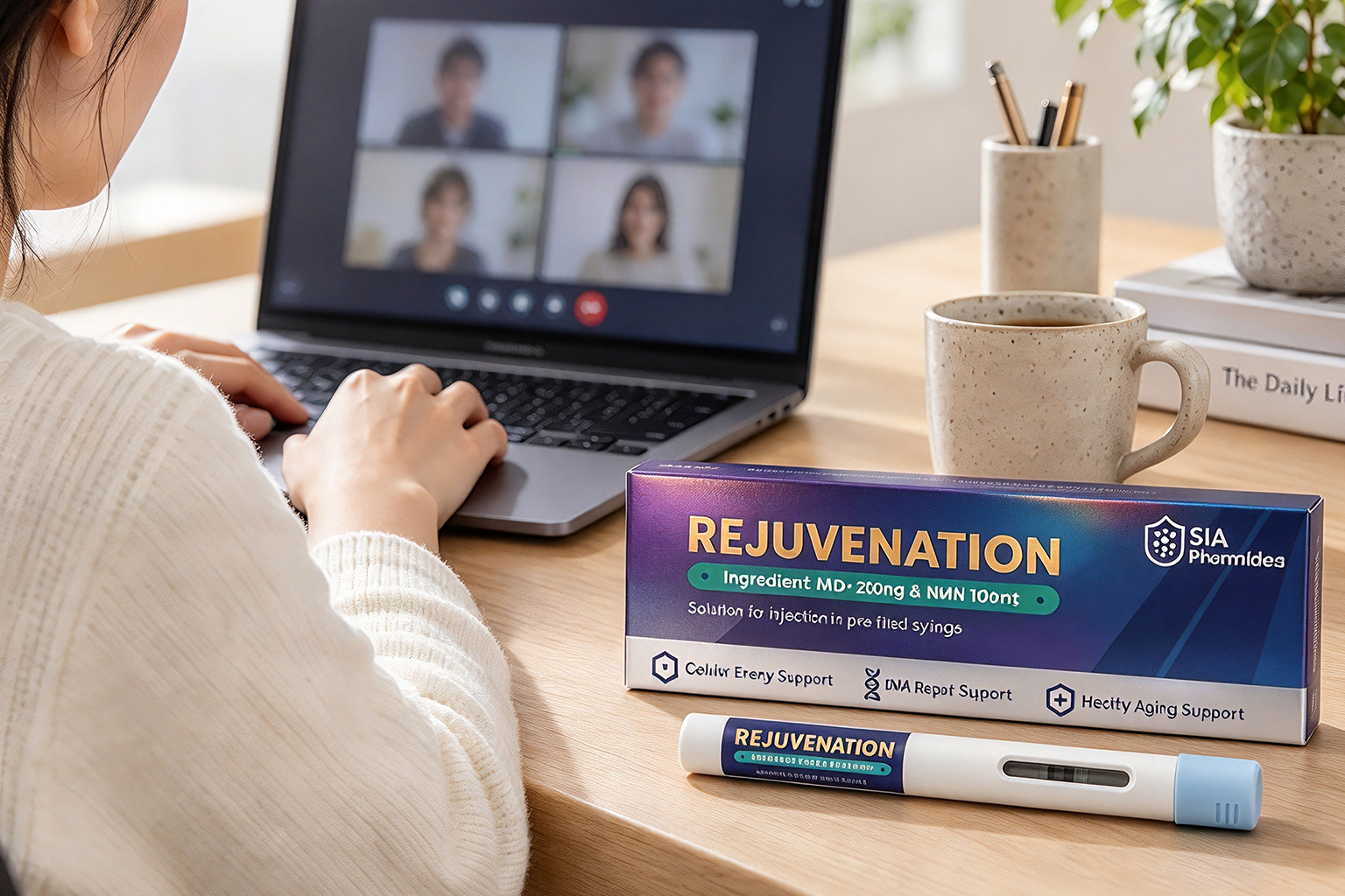 Online consultation at home with the REJUVENATION package and pen on the desk